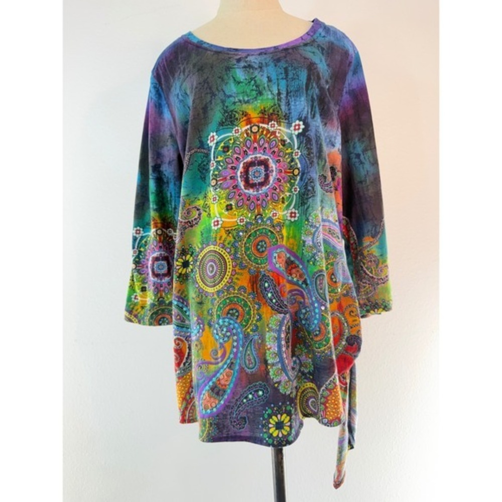Vintage Y2K Take Two Colorful Boho Sequin Tunic Top Hippie Psychedelic Large